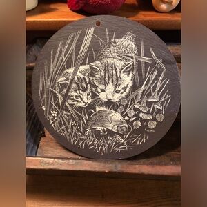 Vintage Cat and Turtle Wall Art Round Slate 6” round cottagecore